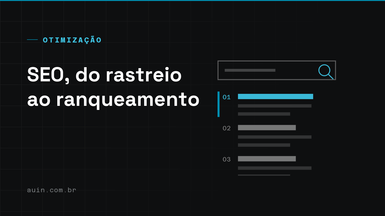 Ilustração de linhas: um campo de busca com lupa e três resultados numerados, o primeiro destacado em ciano.